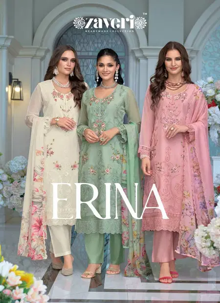Erina By Zaveri Organza Emboidery Wholesale Kurti With Bottom Dupatta In India
